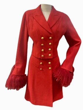 Vintage Escada Red Wool Skirt Set with gold buttons and removeable fur cuff